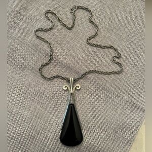 Vintage Avon Black Teardrop Pendant Necklace Silver Tone